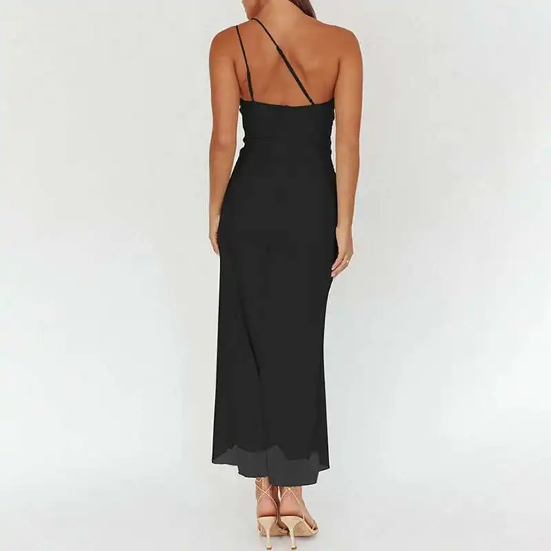 Sexy Backless Slim A-Line Casual Ruffled Irregular Beach Long New 2025 Summer Lady Slanted Collar Draped Split Dress