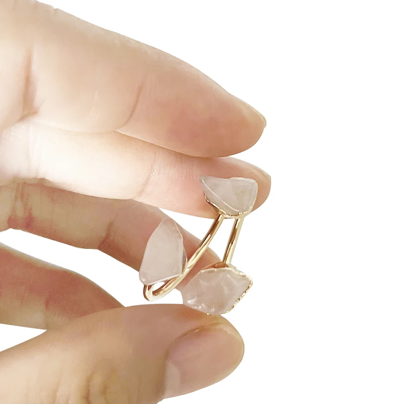 Three Stones Irregular Rose Quartz Open Ring for Women Girls Gold-color Boho Rough Pink Crystal Finger Jewelry Resizable