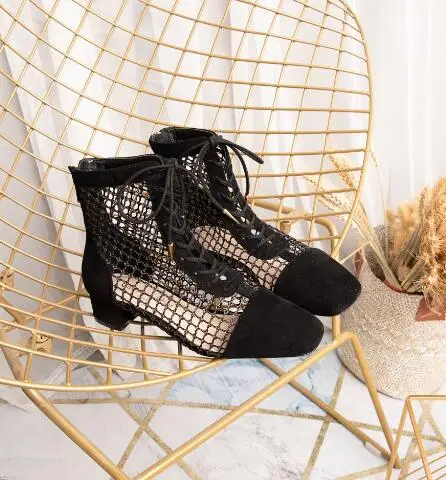 Carpaton Newest Mesh Grid Chunky Heels Lace-up Sandal Boots Women Summer Sexy Cutouts Shoes Nude Black Wine Red