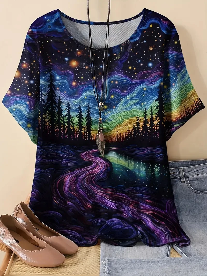 

Женская футболка больших размеров с 3D принтом звездного неба и короткими рукавами, свободная и повседневная, мягкая, удобная и дышащая