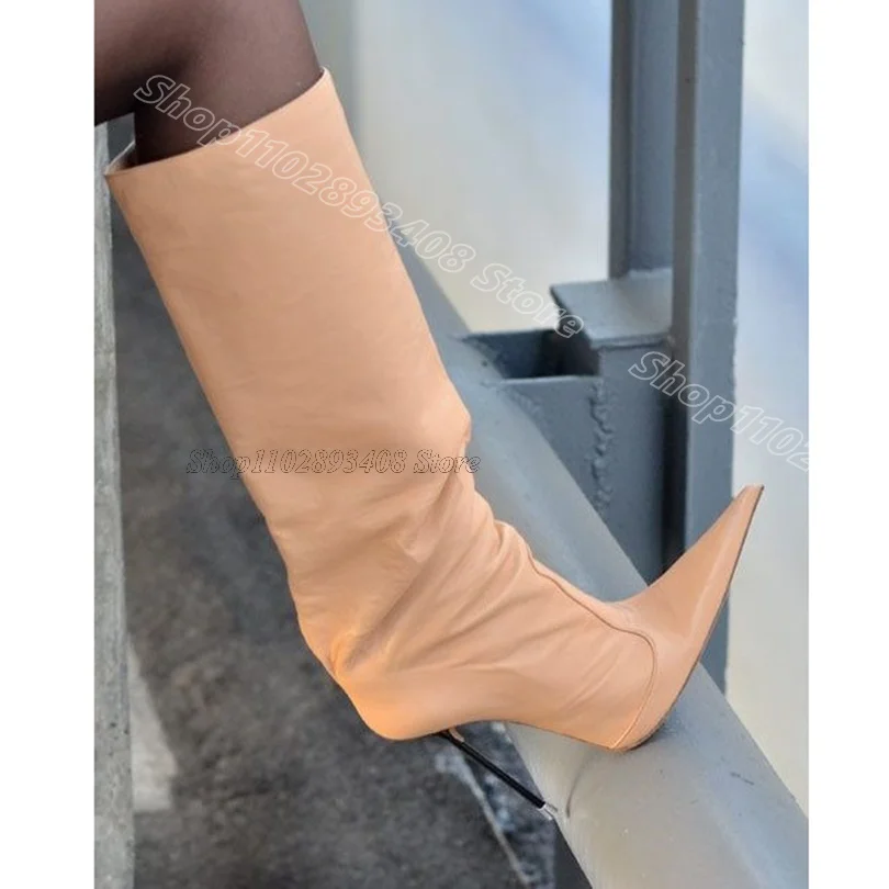 

Apricot Pointed Toe Knee Boots Matte Leather Side Zipper Spring Party British Style Newest Women Boots 2024 Zapatos Para Mujere