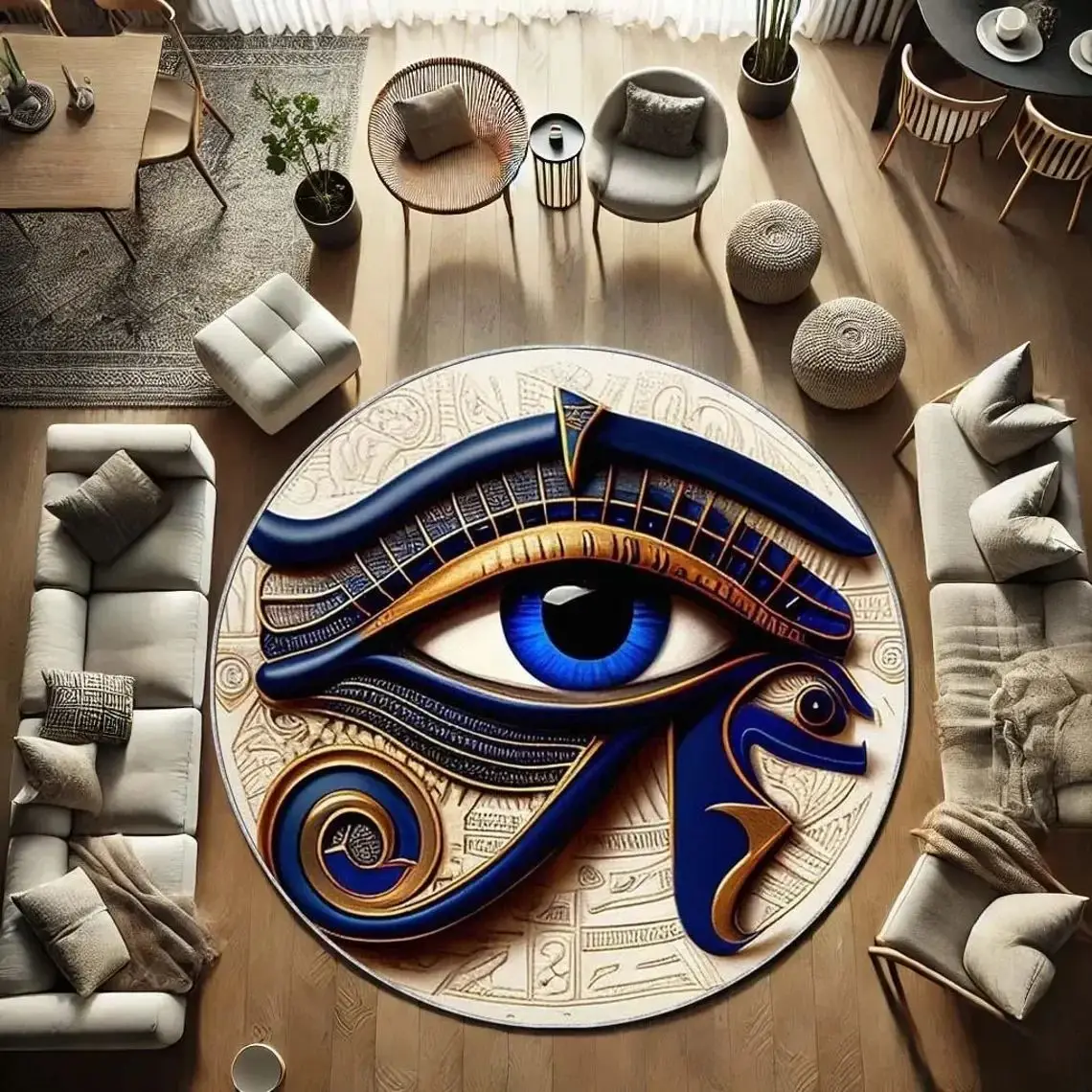 VIKAMA Nazar Protection Round Rug Evil Eye Blue Carpet Greek Key Bohemian for Kitchen Home Decor