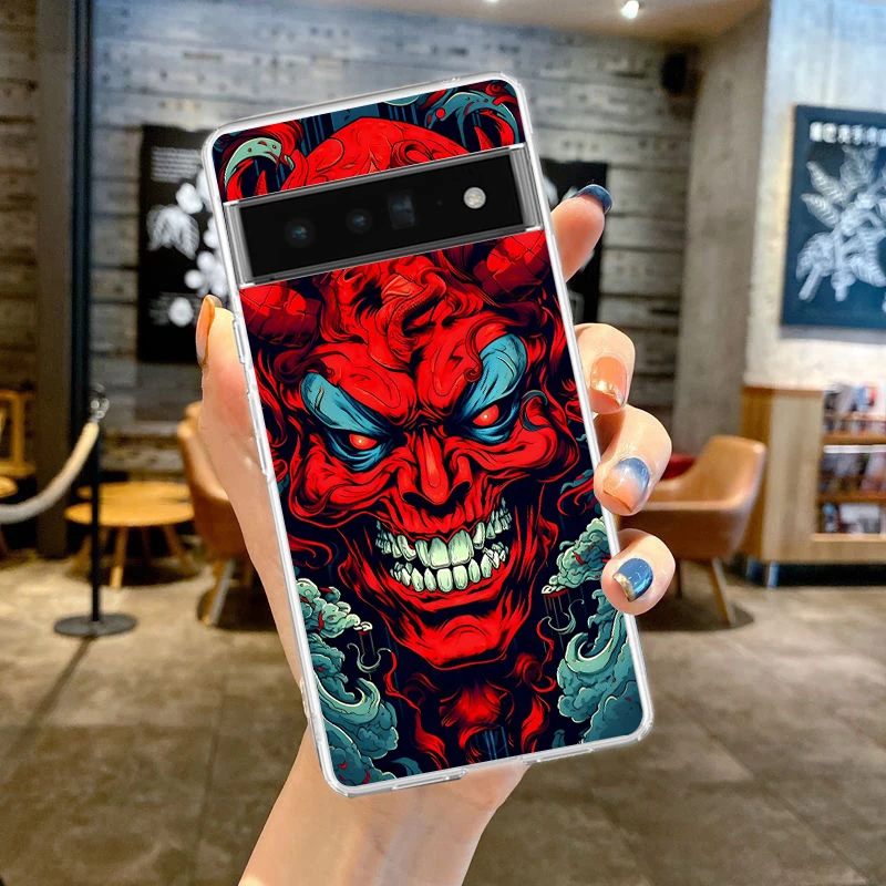 Japan Samurai Oni Mask Phone Case Cover for Google Pixel 9 8 7 6 5 4 4XL Silicone 7A 6A 5A 4A 3A Pro XL 5G Transparent Shell Bag