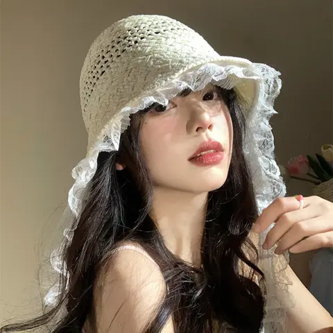 여성용 프랑스 요정 스타일 레이스 스트리머 할로우 빨대 태양 모자, 여름 야외 해변 휴가 자외선 차단 버킷 캡