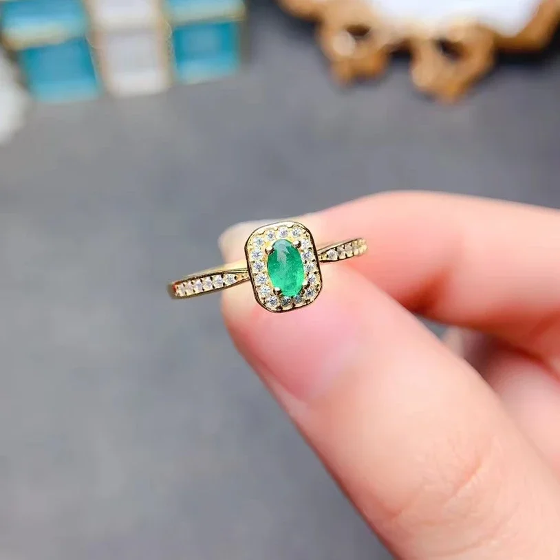 Classic Emerald Ring for Engagement 3mm*5mm Natural Emerald Silver Ring 3 Layers 18K Gold Plating 925 Silver Jewelry