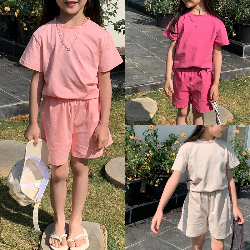 Girls T-shirt+shorts set 2024 children's summer thin cotton set solid color short sleeved shirt children 2-7 years 2-piece set