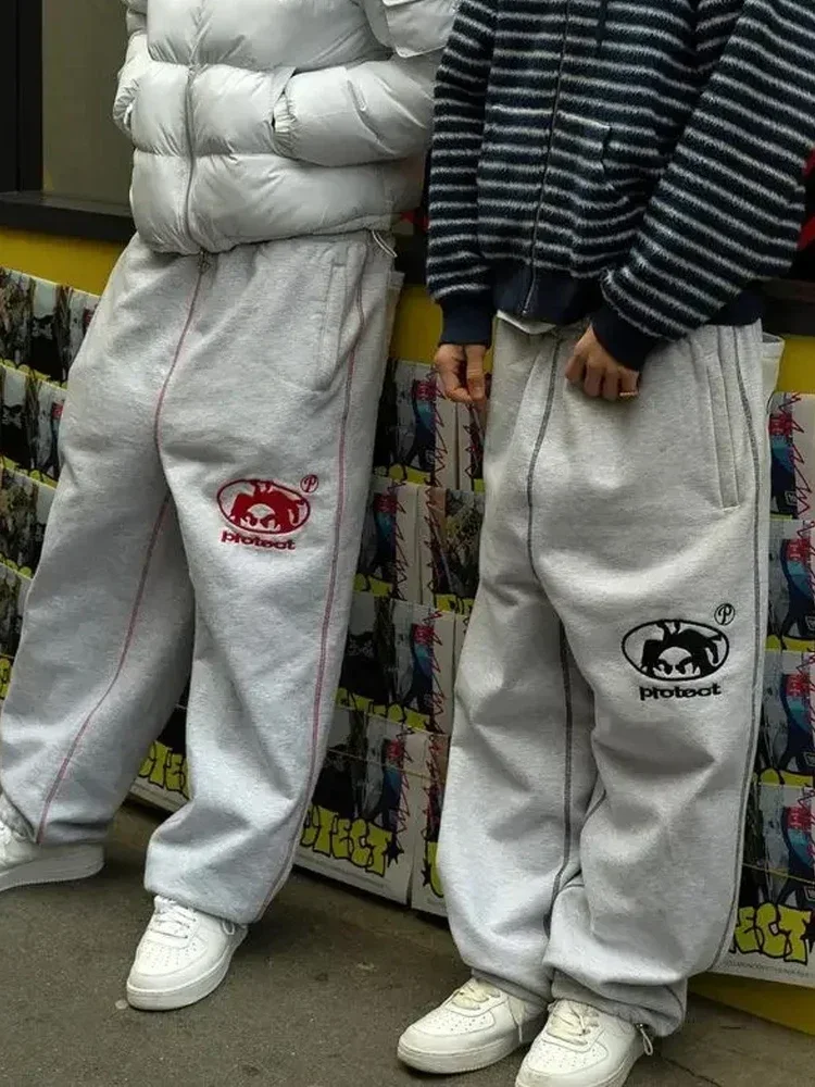 HOUZHOU Y2kเย็บปักถักร้อยSweatpantsผู้หญิงHip Hop StreetwearสีดําสีเทาJoggers Oversize Casual CargoกางเกงกางเกงทํางานHarajuku