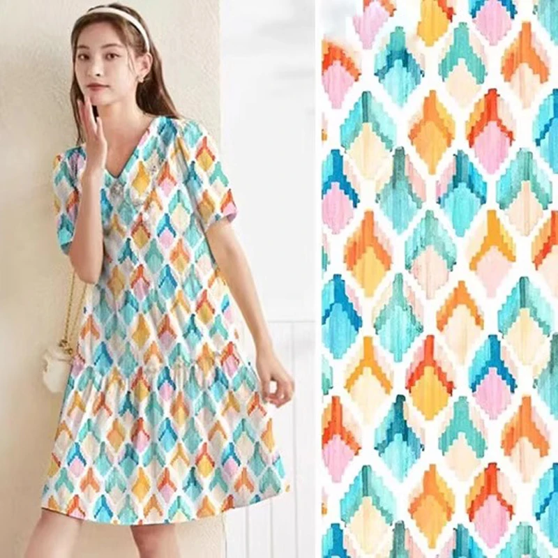 DIY Summer Clothing Dress Cheongsam Rayon Fabric with Blue Orange Geometry Print,Perfect for DIY Clothing 145CM Wide Fabric R532