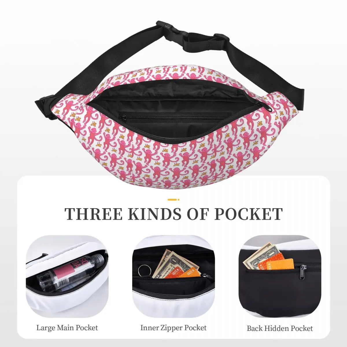 Crossbody Sling Fanny Pack para homens e mulheres, saco de cintura, bolsa de dinheiro para telefone, rosa, preppy Roller Monkeys, coelho, ciclismo, camping, personalizado, anime