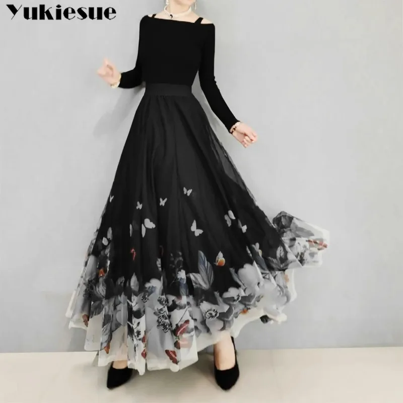 Women Dancing Skirt Elastic Waist Chiffon Elegant Printed Long Skirt Female Beach Holiday Skirt Big Swing Skirts