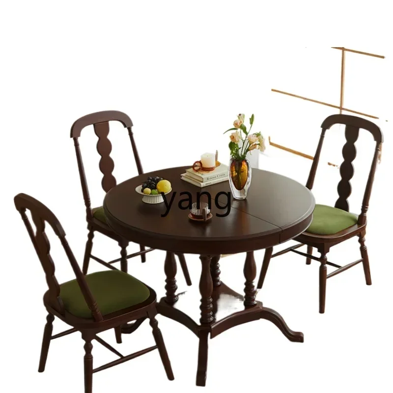 ZYR retro cherry wood retractable dining table household French foldable round eating table