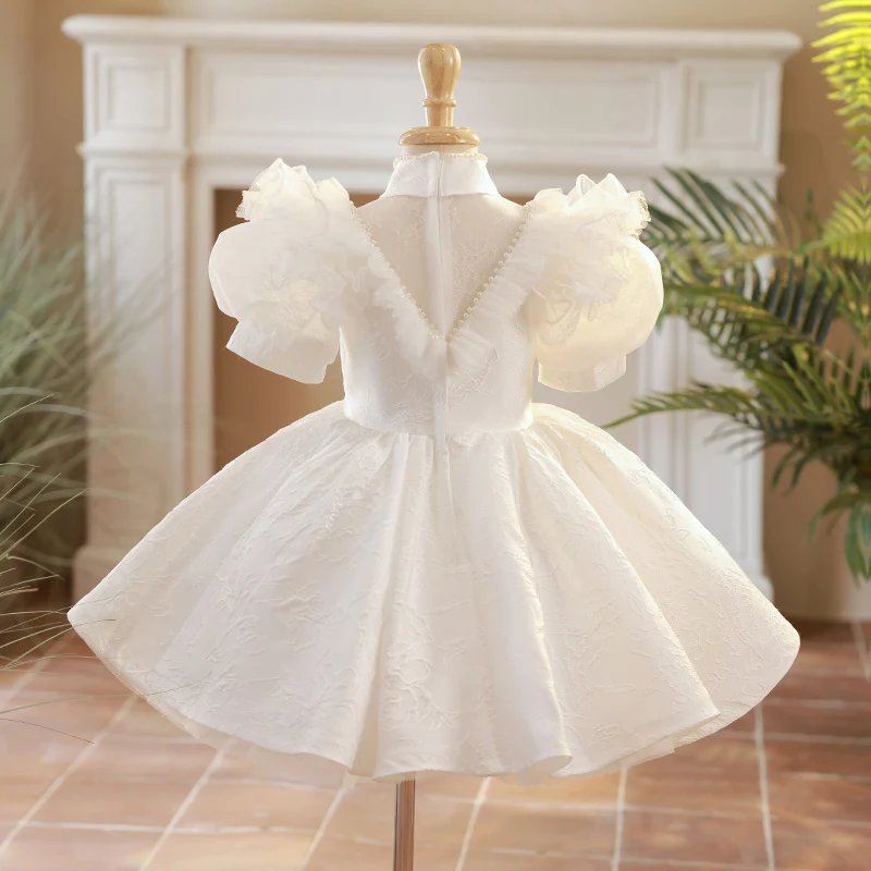 Vestido de princesa blanco para niñas, ropa de fiesta de verano, cuello alto, manga abullonada, con cuentas, vestido de baile de banquete de encaje elegante