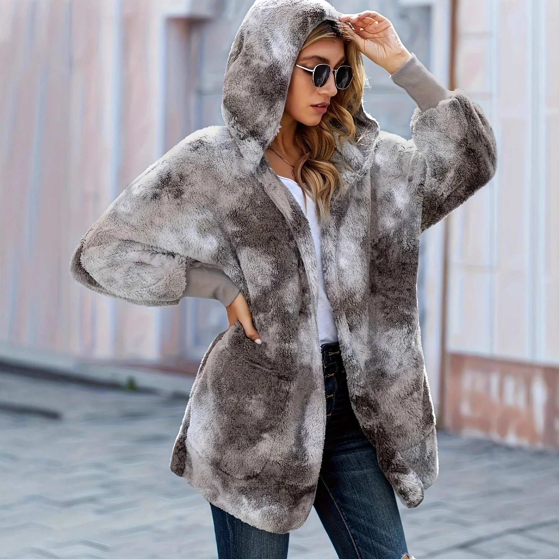 2026 New Women's Faux Rabbit Fur Hooded Coat Loose Mid-Length Plush Jacket Autumn Winter Warm Casual Fashion Thick Outerwear