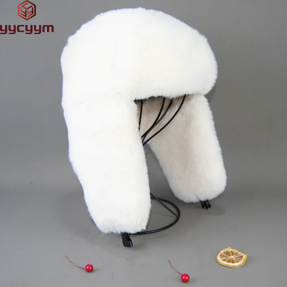 2025 Winter Russian Man Woman White Skin False Rex Rabbit Fur Hats Luxury False Rex Rabbit Fur Cap Unisex False Fur Bomber Hat