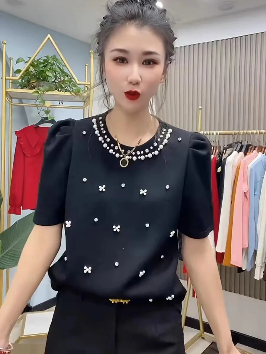 2024 Summer Peals Diamonds Beading Short Sleeve Sweater Women Knit T-shirt Sweet Fashion O-neck Black White Tees Ladies Tops Y2k