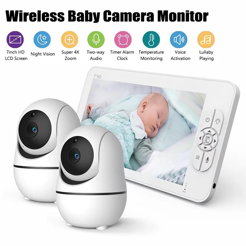 7 inch Baby Monitor with Camera Audio 4X Zoom 4000mAh Battery Night Vision 2-Way Audio Intercom Temperature Sensor Lullaby