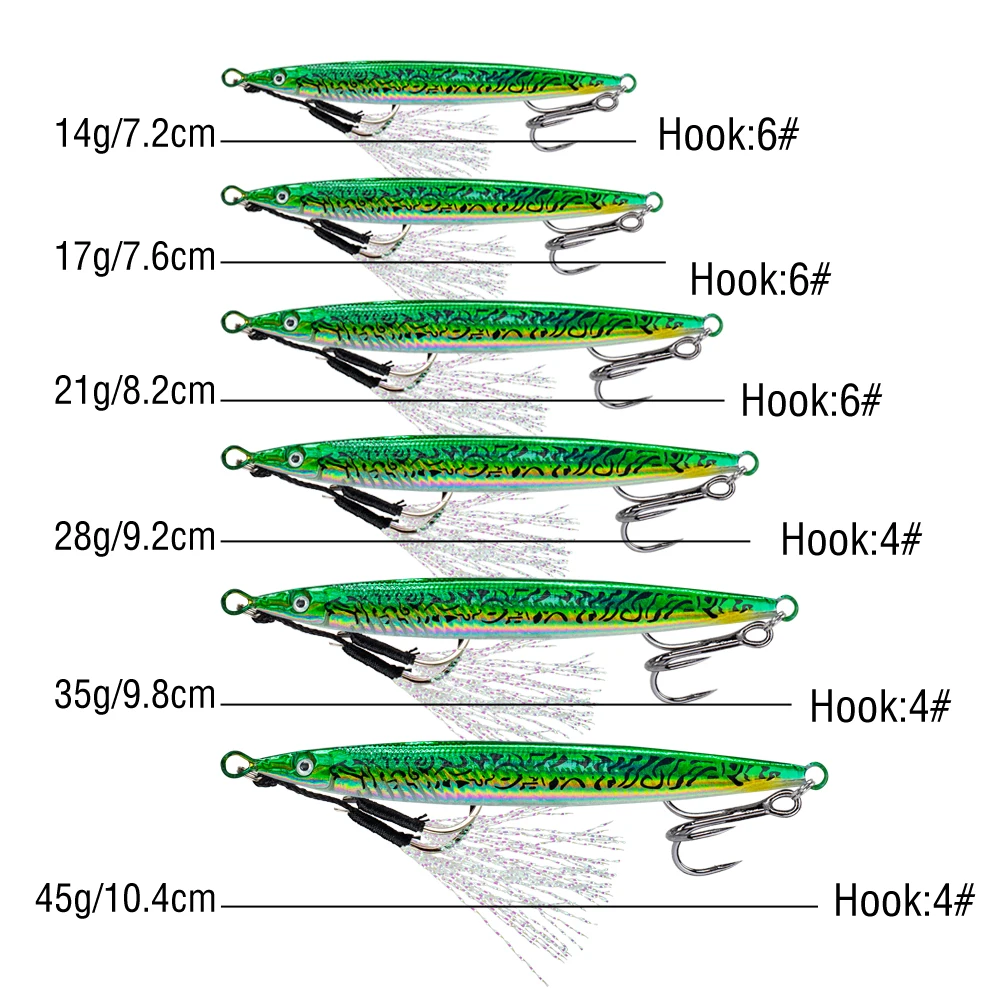 6Pcs Casting Lure Laser Metal Jig Printed Fast Sinking Jigging 14G-45G Artificial Bait Hard Bait With Sharp Hooks For Fishing
