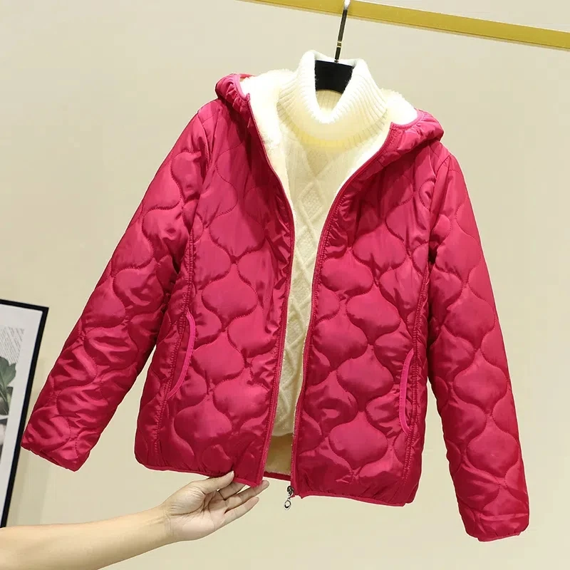 Lamb Wool Coat Cotton Jacket Women's Short 2023 New Female's Hooded Cotton Jacket Plus Velvet Light Autumn Winter Cotton Jacket