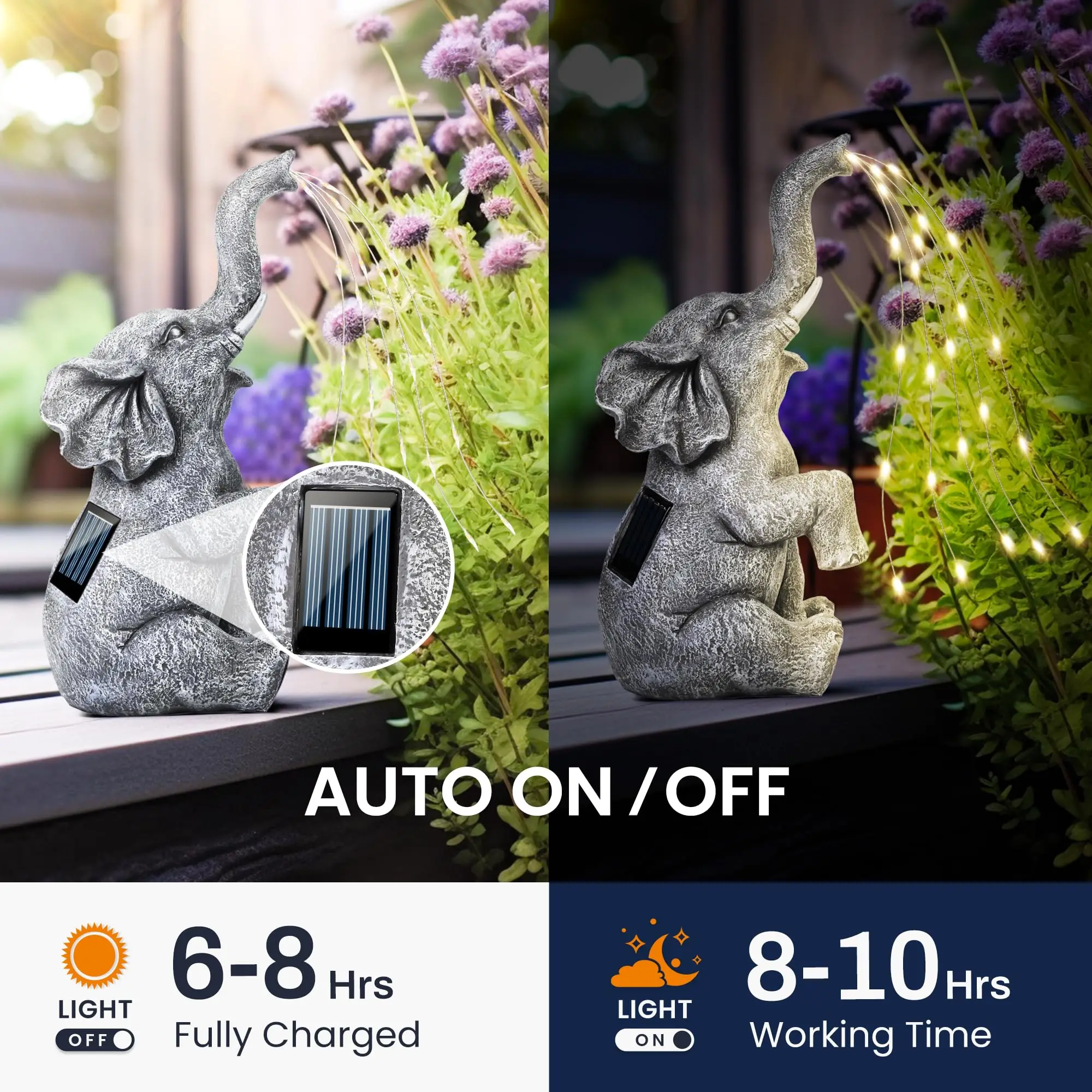 Estátua de elefante decoração solar de jardim cordas de luz LED, presentes de aniversário para mulheres, presentes para mamãe, decoração de elefante ao ar livre para jardim