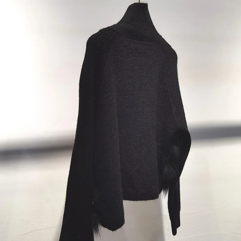 Jerséis femeninos con cremallera, Jersey corto de punto con piel de zorro auténtica, jersey de manga larga con recorte de piel auténtica