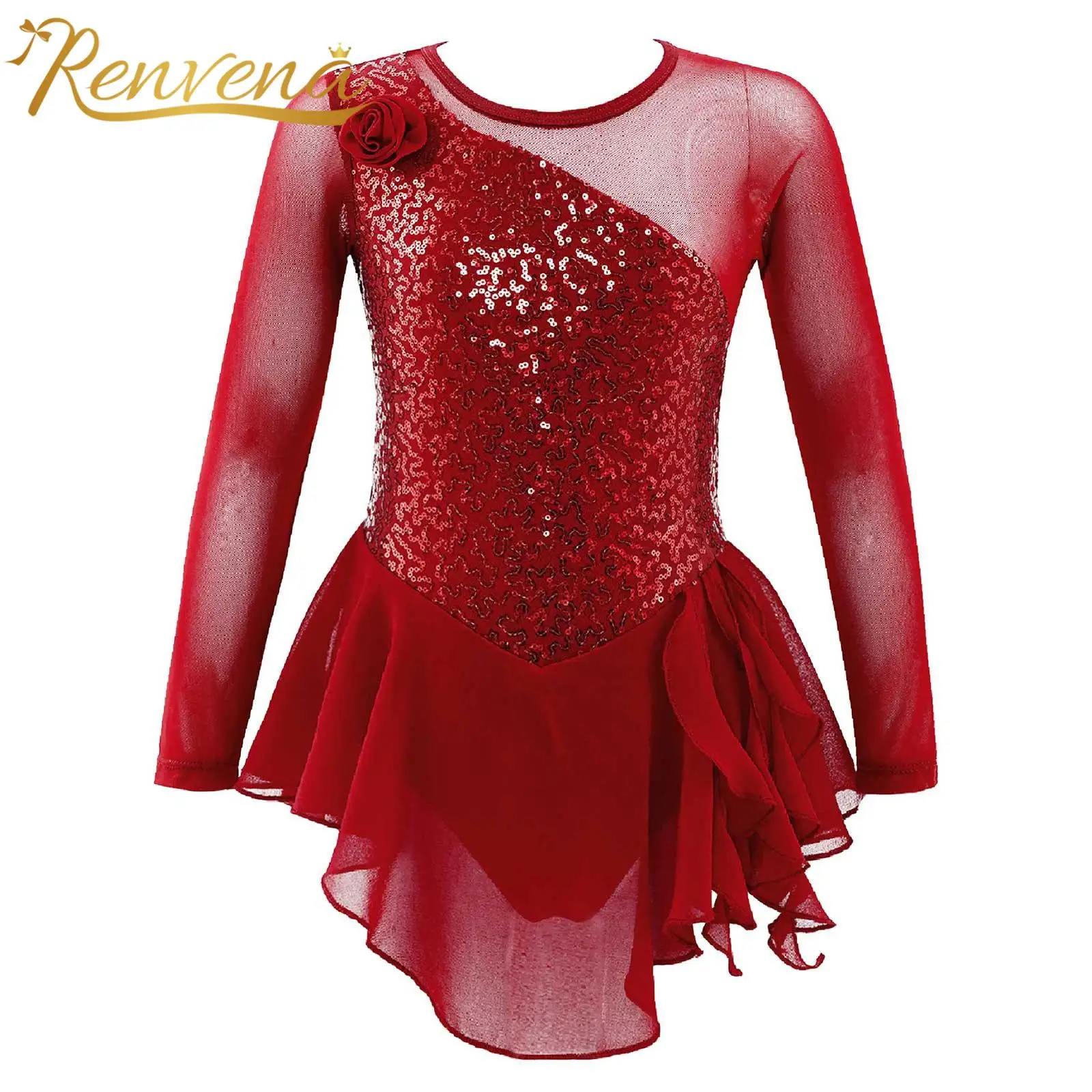 

Kid Sequins Gymnastic Leotard Dress Children Stage Performance Mesh Long Sleeves Ballet Dress Girls Figure Ice Skating Dress