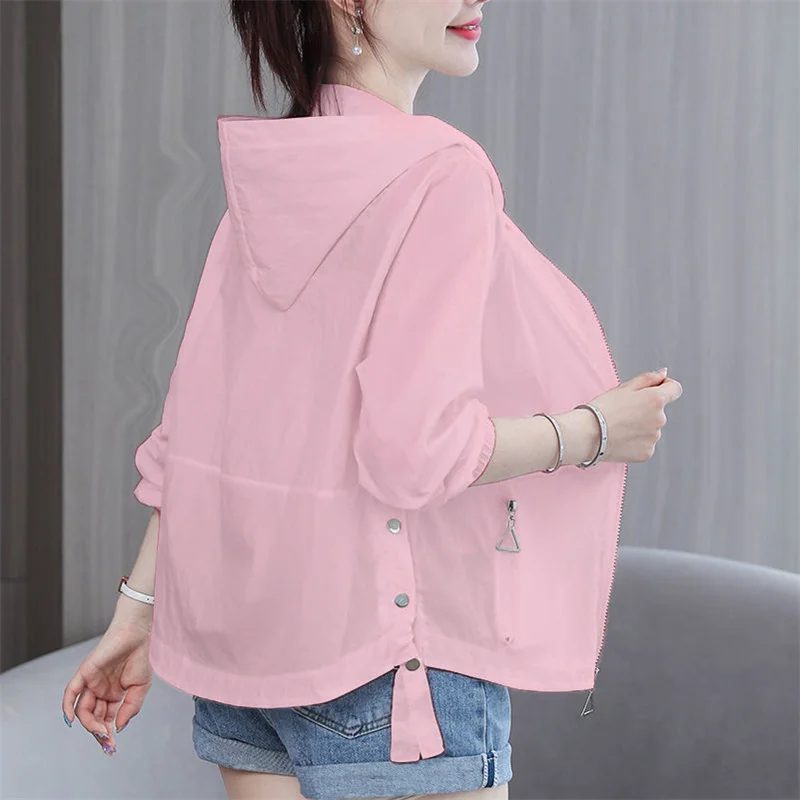 2025 Summer Women Hooded Short Breathable Sun Protection Clothing Woman New Sporty Loose Long Sleeved Anti UV Cardigan Thin Coat