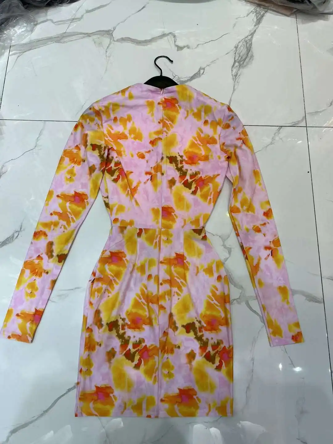 Vintage 2024 New Arrivial Spring Summer High Quality Orange Floral Print Long Sleeve Slim Tight O-Neck Mini Dress