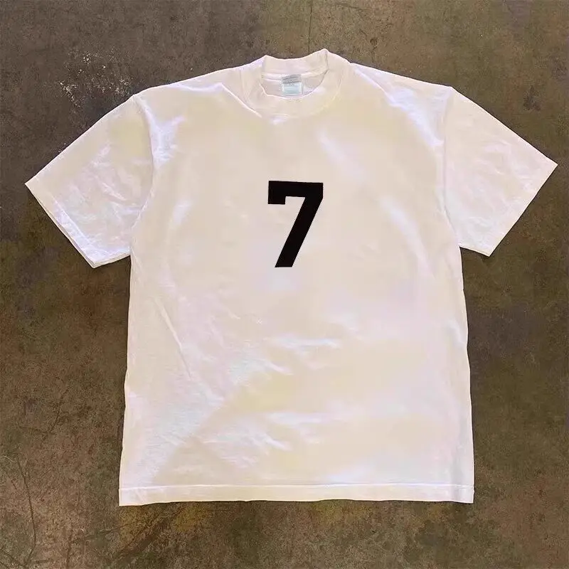 American High Street Number 7 Trendy Round Neck Short Sleeve T-shirt for Men And Women Loose Hip-hop Retro Print Couple Top