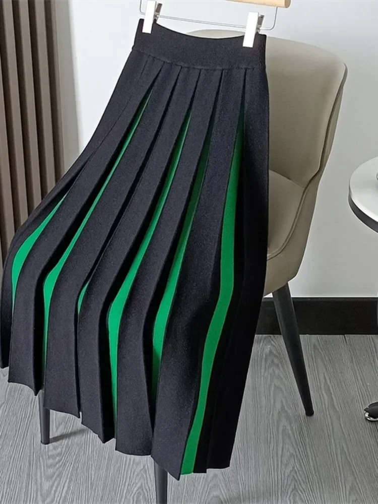 

Women Knitted Pleated Skirt Fashion High Waist Elegant All-match Casual A-line Color Blocking Skirt Spring Autumn New
