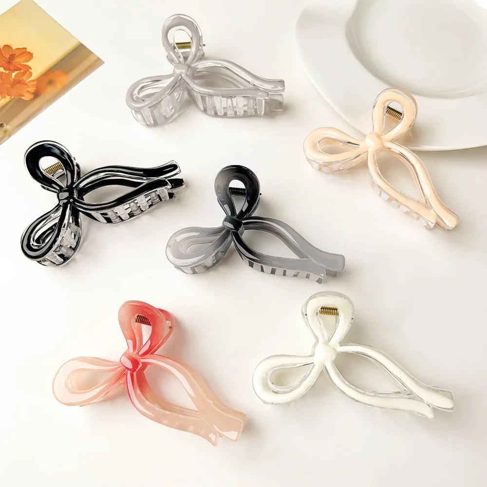 Korean Fashion Sweet Bow Plastic Hair Claw for Women Girls Jelly Color Ponytail Grab Clip Large Shark Clip Hair Accessories