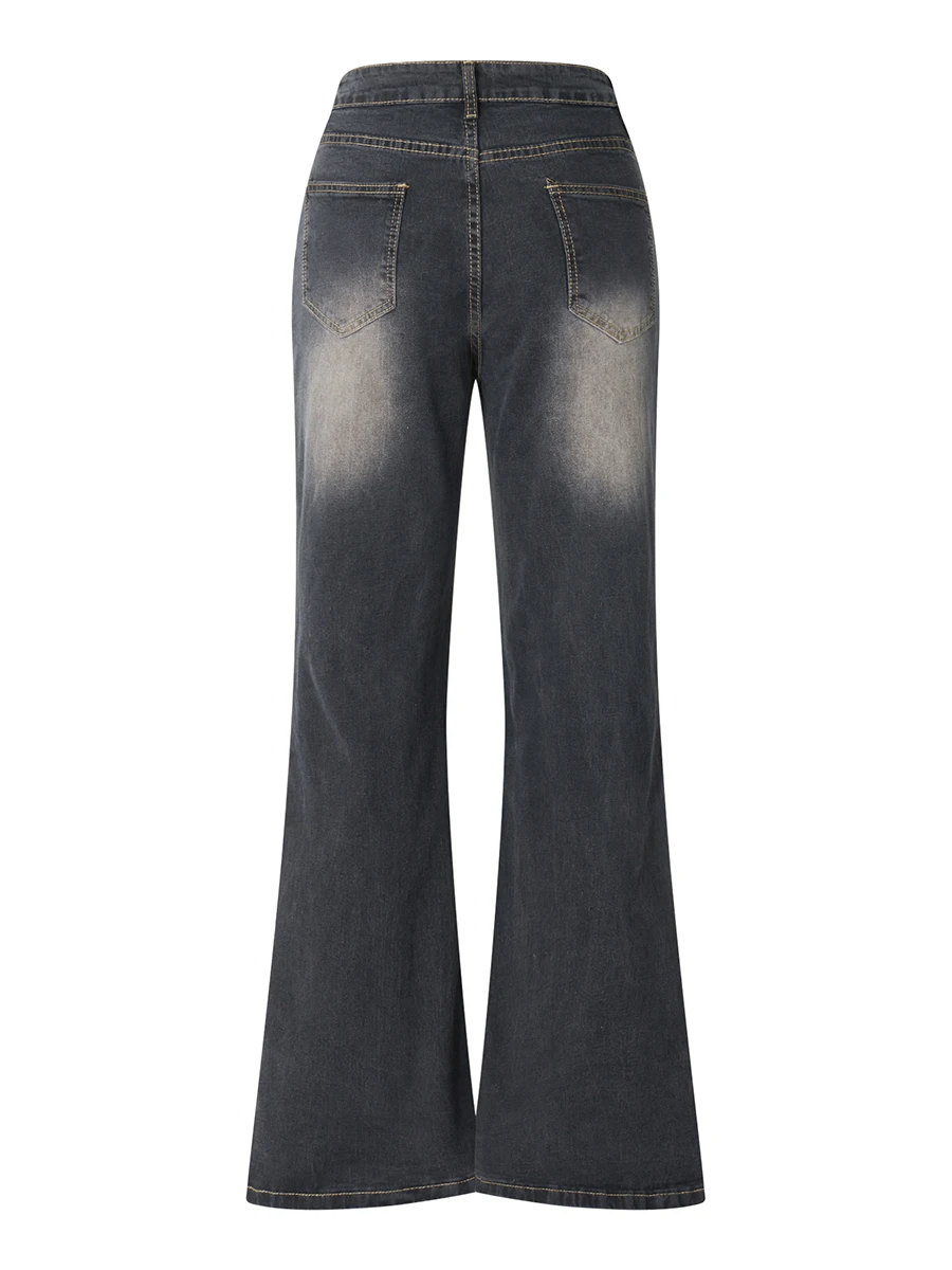 Pantalon long en denim pour femme, jambe large, noir, décontracté, fête, rue, printemps, automne