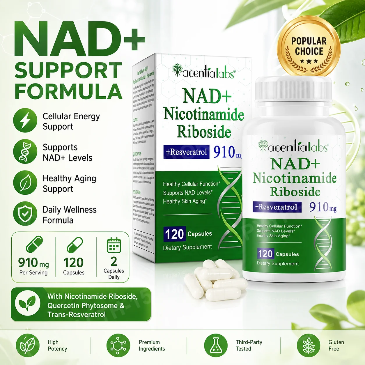 Nicotinamide Riboside NAD+ Support Capsules with Quercetin Complex and Trans-Resveratrol for Healthy Aging, 120 Capsules
