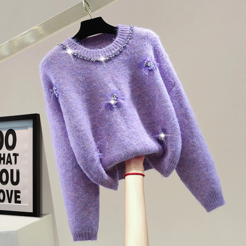 

Heavy Craft Flower Round Neck Purple Sweater, 2025 Autumn Rhinestone Beaded Solid Color Loose Pullover Jumper, Pull Mujer