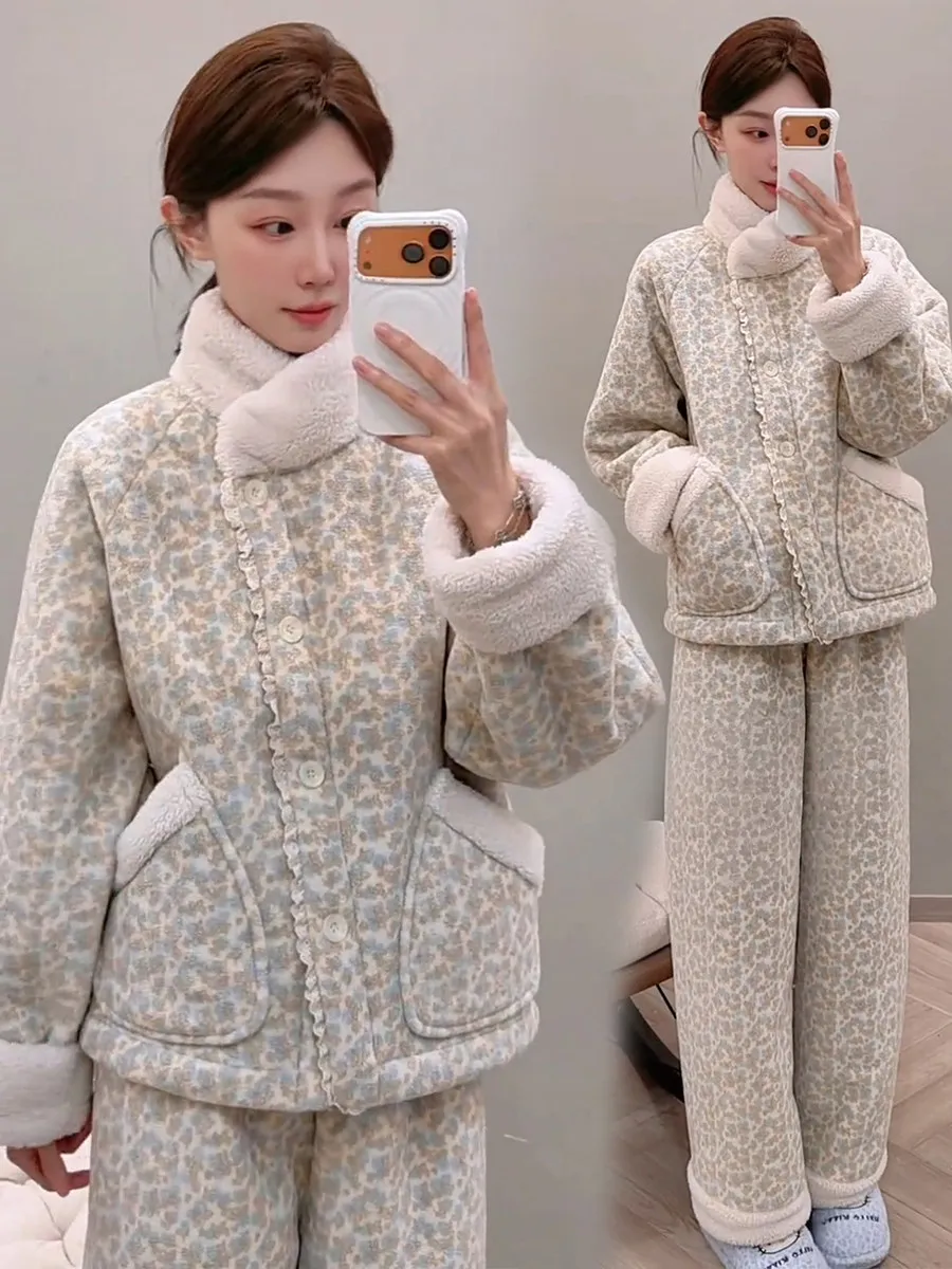 

Женский утепленный флисовый комплект домашней одежды с воротником-стойкой и цветочным принтом, зимний, новый, модный, для сна, из двух предметов