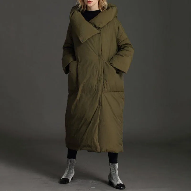 HKSH 2025 Winter New Women's Down Coat Hooded Large Pockets Solid Color Elegant Fashion Warm Thickened Long Puff Jackets HK15140