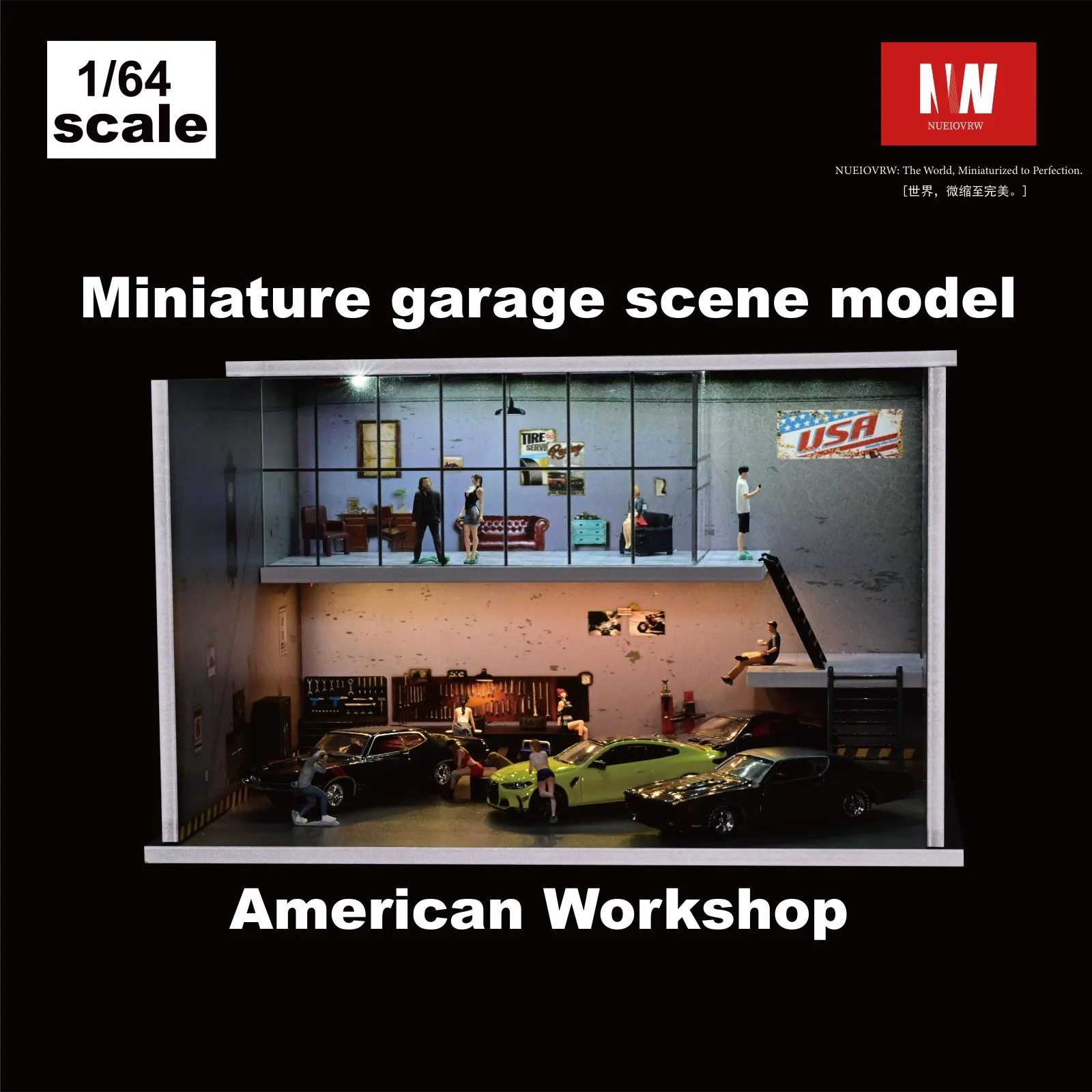 

Диорама 1/64 Модель американской мастерской Светодиодная уличная литая под давлением модель автомобиля в гараже