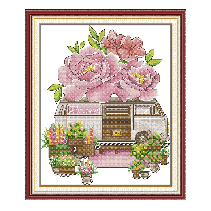 Flower Caravan Patterns Counted Cross Stitch Set DIY 11CT 14CT 16CT Stamped DMC Cross-stitch Kit Embroidery Needlework Crafts