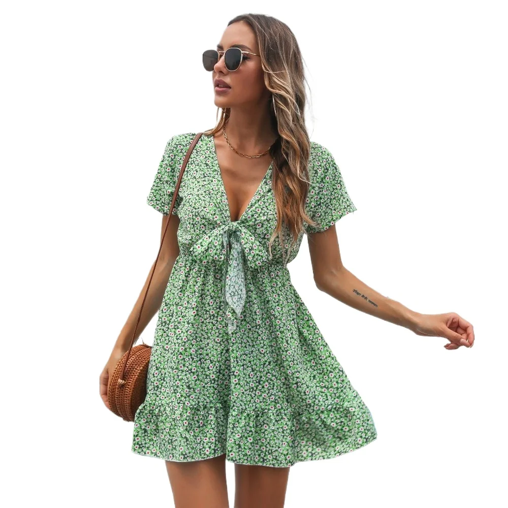 

Summer Short Sleeve V Neck Mini Sundress Women Bohemian Floral Printed Beach Party Dresses Fashion Bowknot Casual A-Line Dress