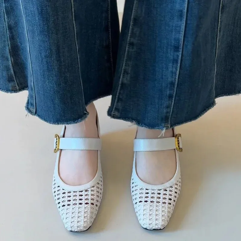 2026 Square Toe Woven Hollow Inside Heightened Commuter One Word Belt Simple Korean Single Shoes Woman