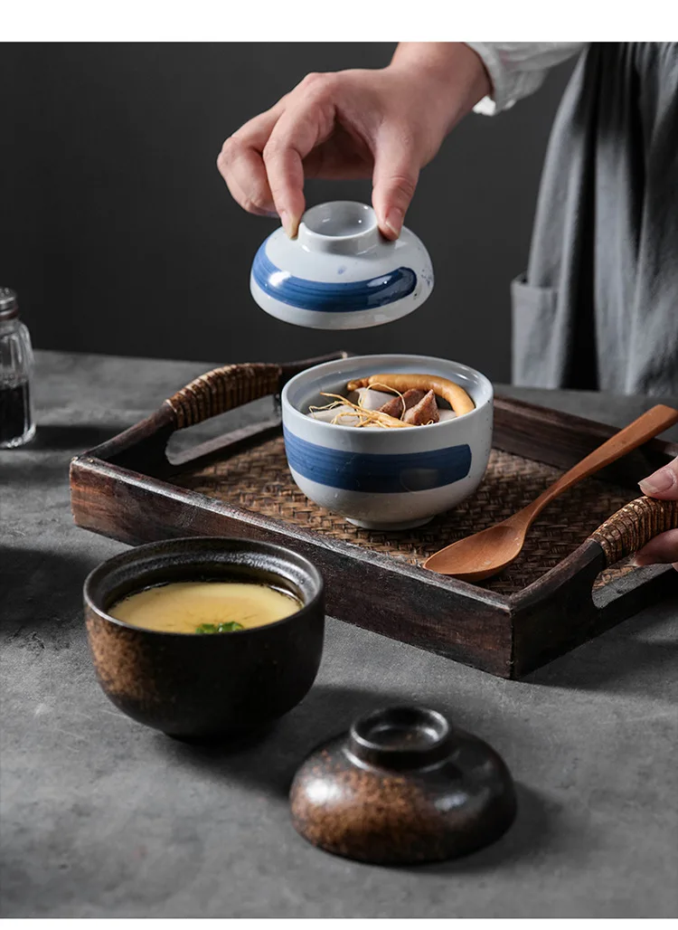 LMM Japanese-style ceramic small stew cup, bird's nest water barrier with cover bowl, soup cup, steamed egg cup, dessert bowl