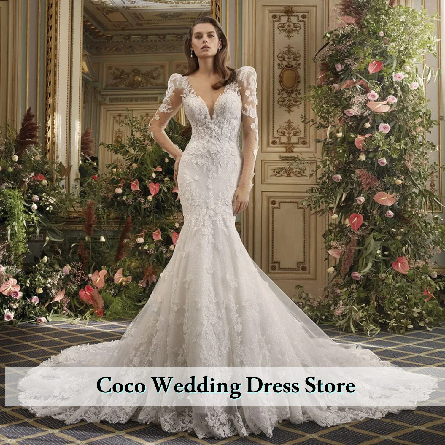 Maßgeschneiderte elegante V-Ausschnitt rückenfrei lange Ärmel Perlen Blumen Pailletten Applikationen Meerjungfrau Hochzeitskleid Vestido De Noiva