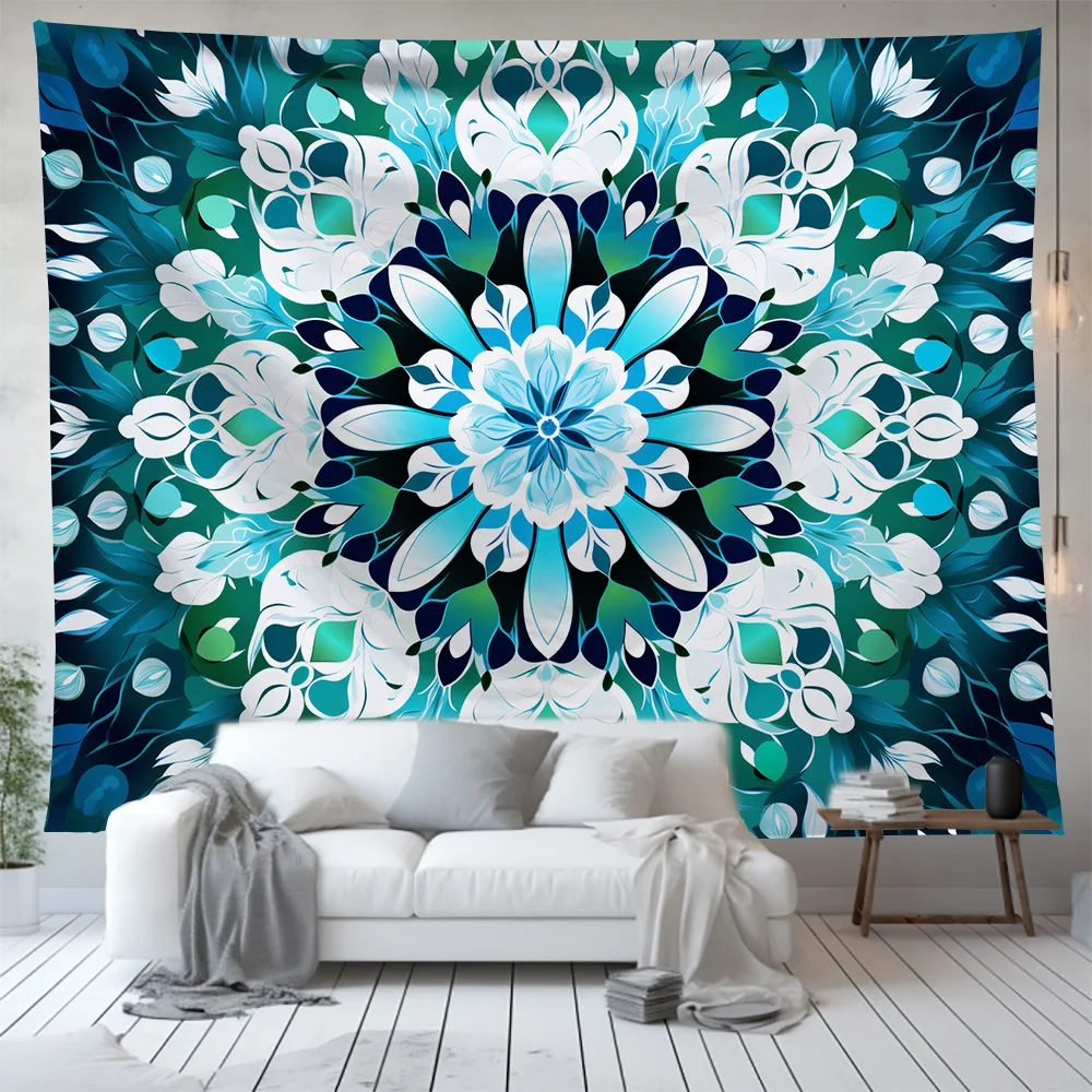 Boho Floral Tapestry Mandala Wall Hanging Blue Bohemian Flower Tapestry Vintage Hippie Tapestries for Room Dorm Decor Poster