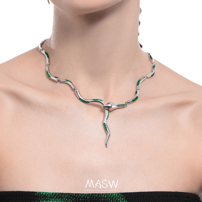 MASW High Quality Metal Snake Necklace 2022 New Trend Cool Thick Silver Plated Green Choker Necklace For Women Jewelry Gifts