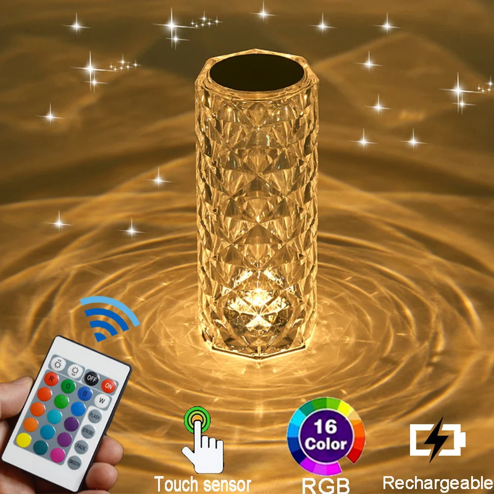 

LED Crystal Table Lamp Rose Light Projector 3/16 Colors Touch Adjustable Romantic Diamond Atmosphere Light USB Touch Night Light