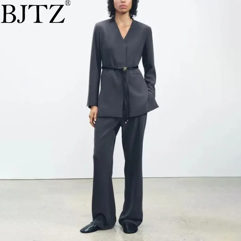 

BJTZ V-neck Lace-up Waist Vintage Top For Women 2025 Spring Autumn New Two Piece Set