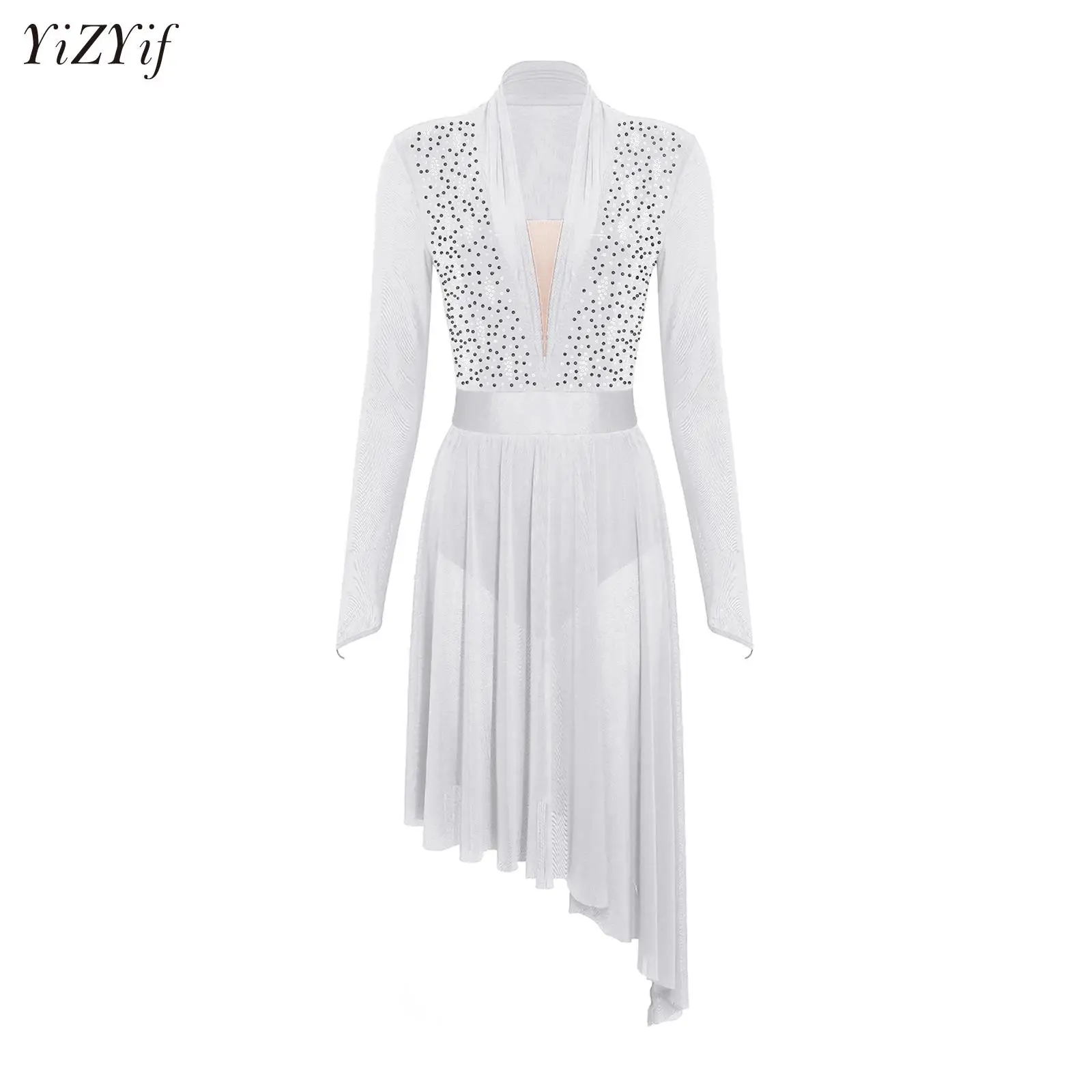 

Women Rhinestone Gymnastics Figure Skating Ballet Lyrical Dance Performance Costume Contemporary Classical Dance Leotard Dress