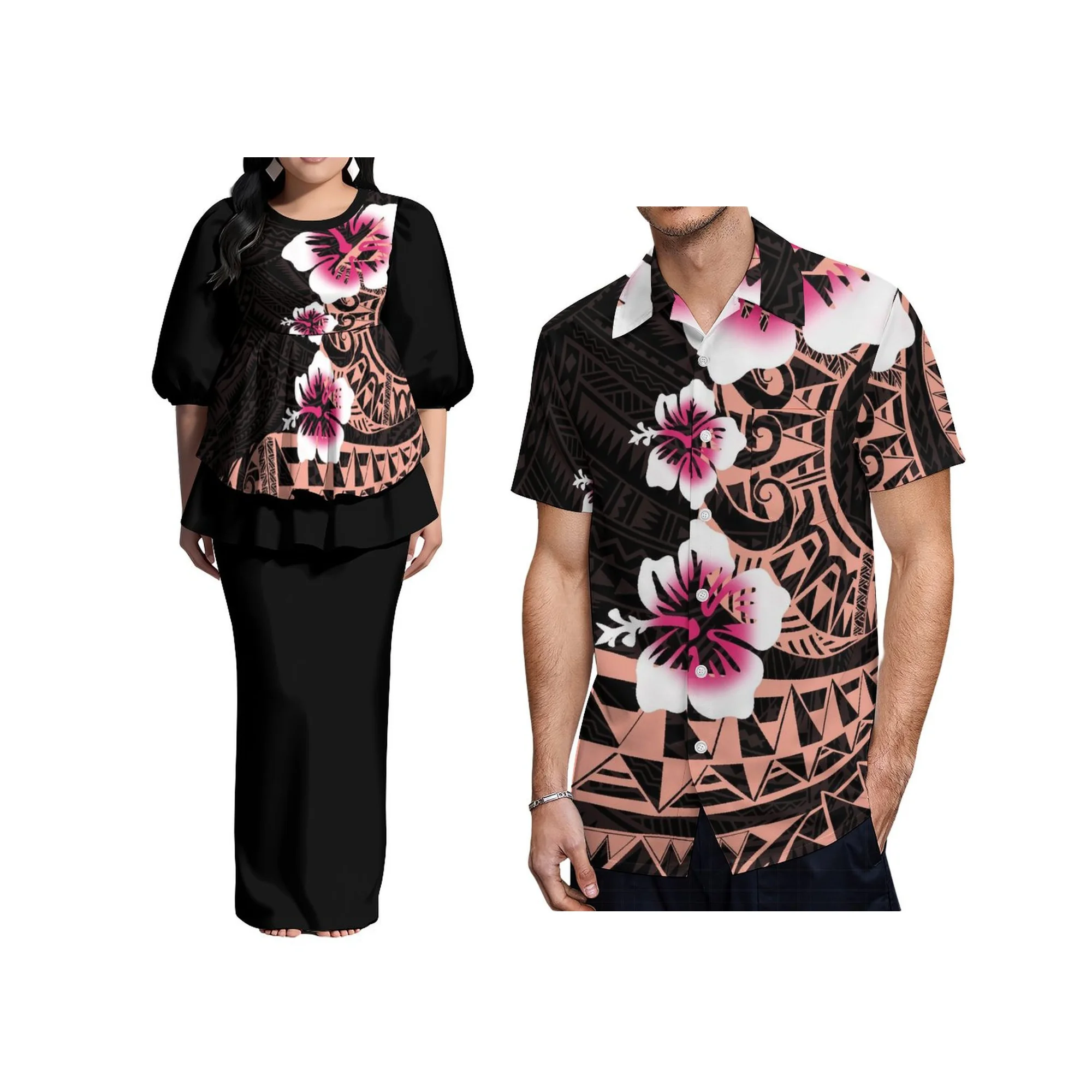 تصميم مخصص فستان أبيض للسيدات Puletasi فستان ساموا مطبوع بولينيزيا منتفخ نصف كم طويل ماكسي فستان بفتحة خلفية 2 قطعة