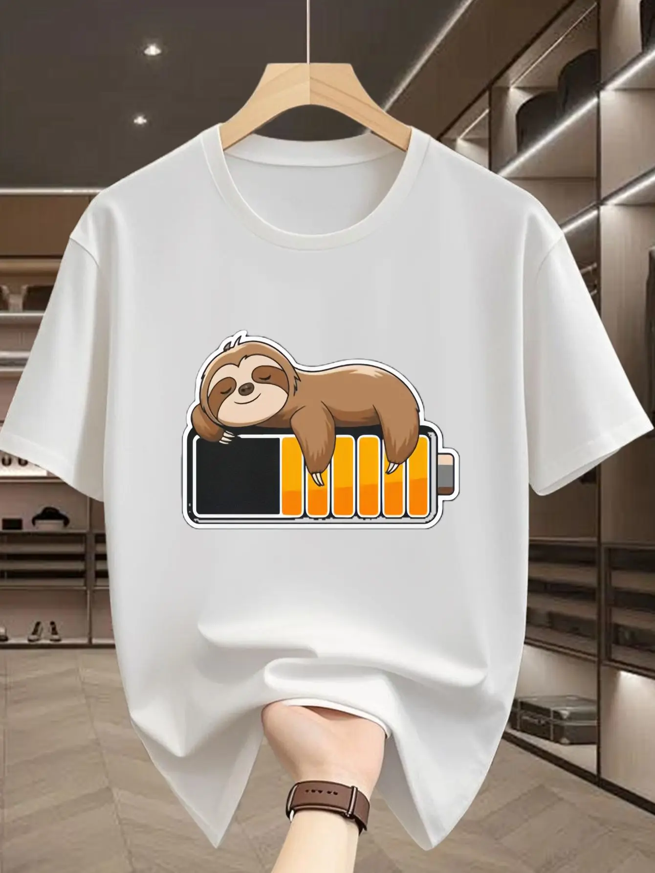 Sleepy Sloth Lying On Low Battery Graphic Mens Short Sleeve Tee Crew Neck Lazy Animal Humor Casual Daily Soft Comfort Top
