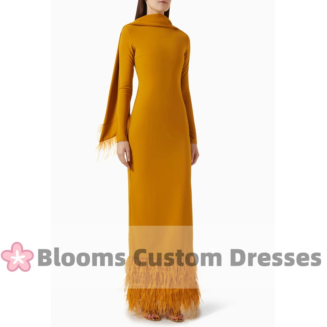 

Bloom Long Sleeves Feathers Crepe Prom Dress Side Slit Slim Fit Elegant Cape Evening Dresses 2024 High Neck Wedding Formal Gown