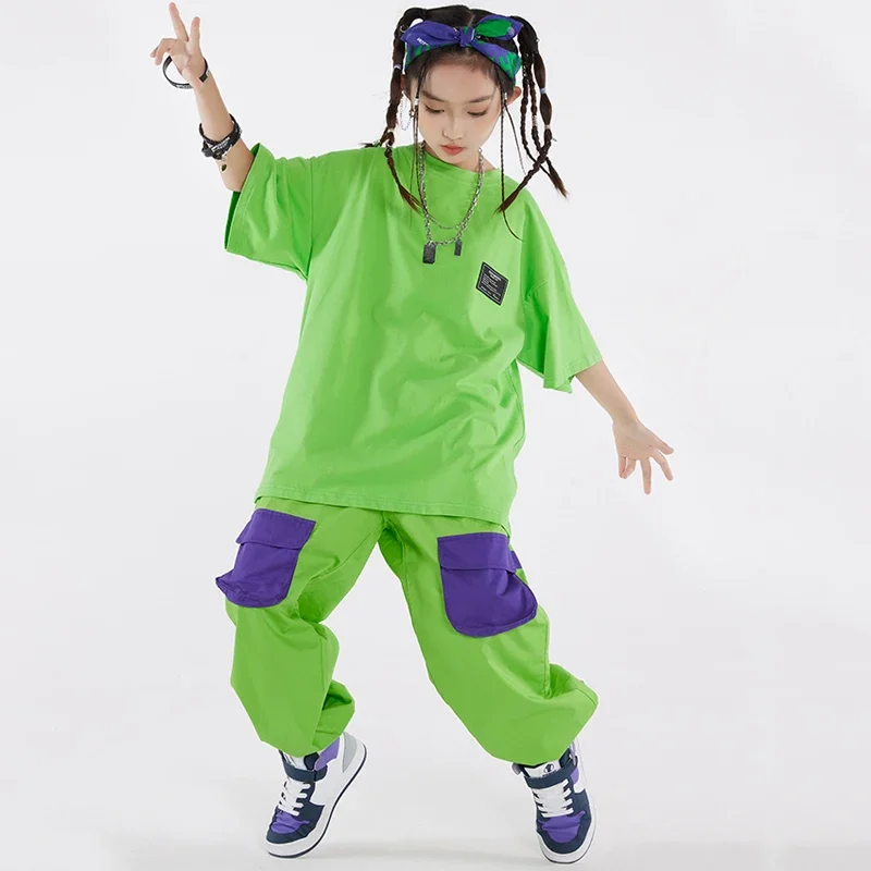 子供のためのヒップホップダンススーツ,Tシャツ,グリーンのカーゴパンツ,ジャズパフォーマンス衣装,衣類,コート,女の子,男の子のためのファッション